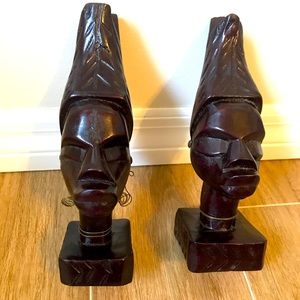 Carved Wooden Tribal Heads (set of two) Dark Brown Stain.  Art or Decoration
